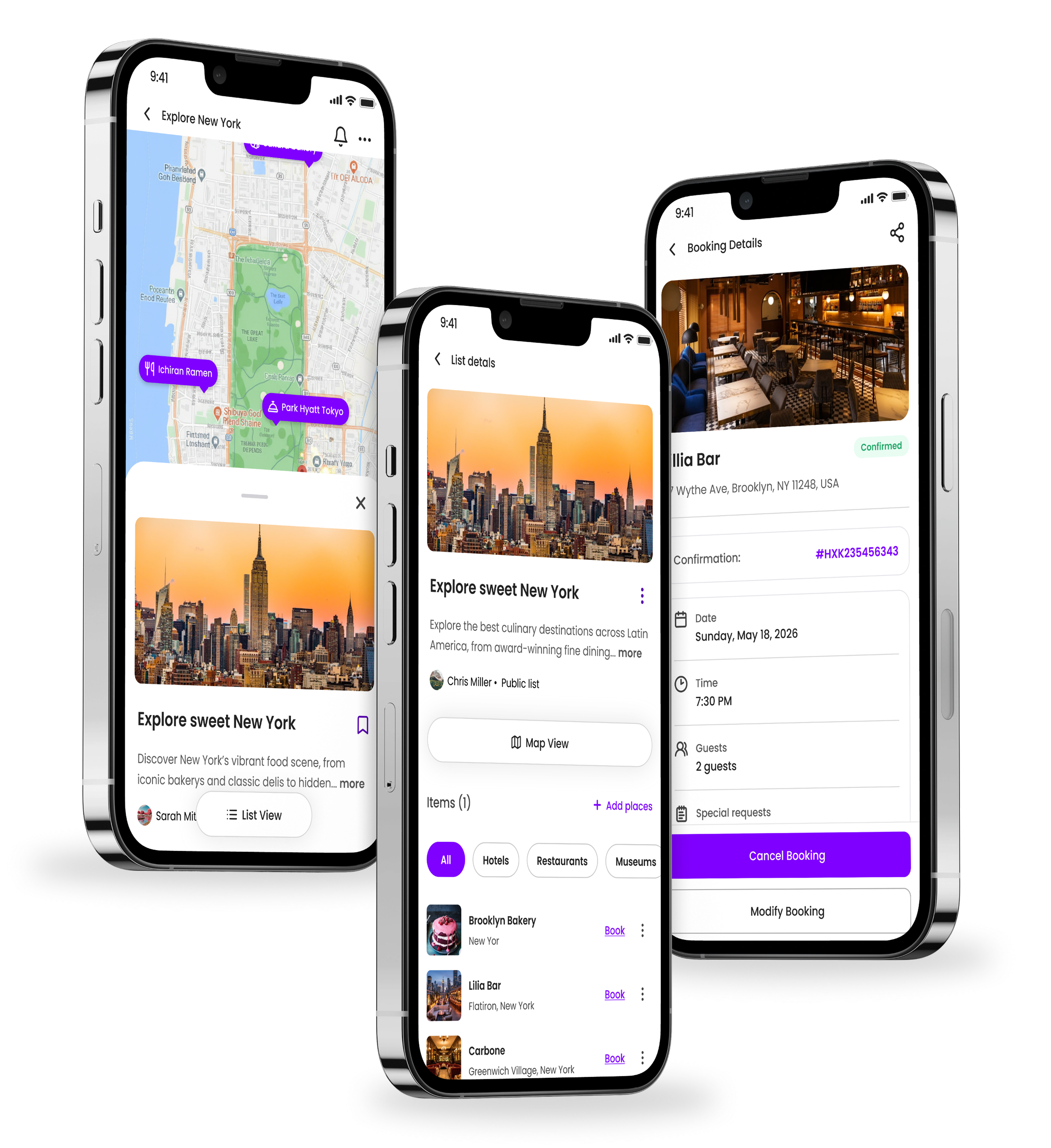 Meros app screens: map view, list details and a confirmed booking